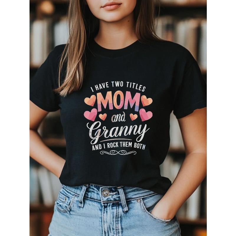 

Women s Mom & Granny Multicolor Heart Graphic Tee Black Crew Neck Short Sleeve Umbrella Hem Soft Casual Regular Fit Gift Top 4XL чорний