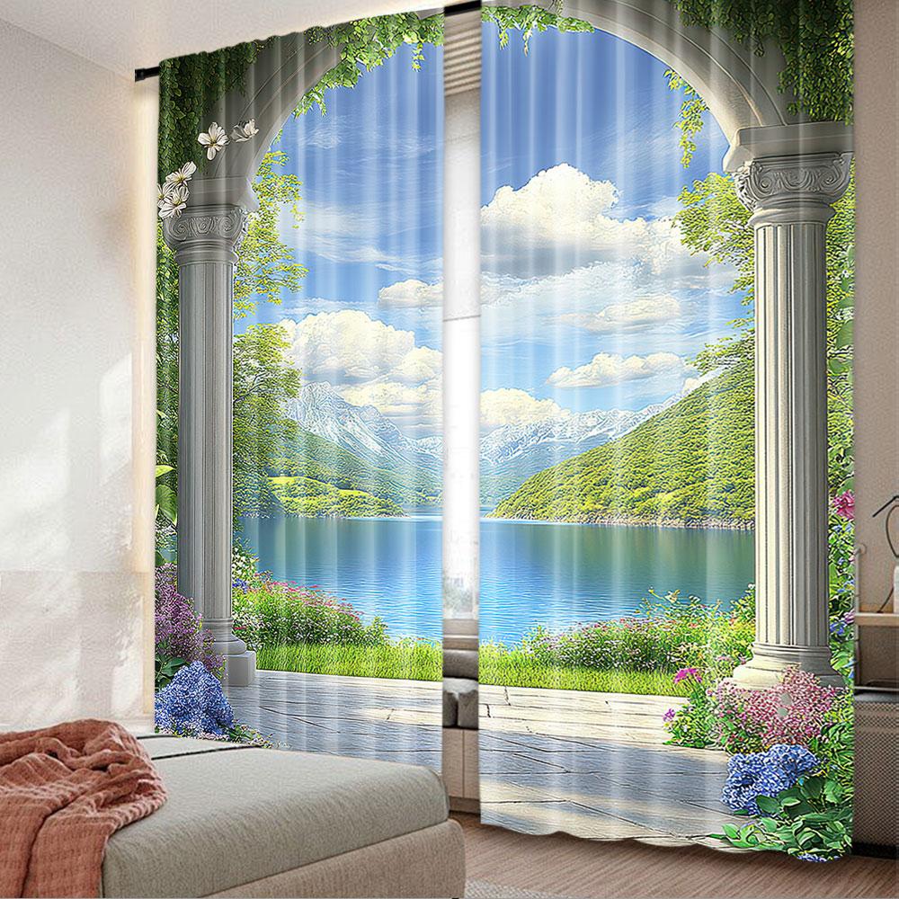 

2 шт. Итальянский пейзаж занавеска Вид на море Старая каменная арка Балкон Садовые растения Искусство Оконные драпировки Полиэстер Машинная стирка 29x65in(75x166cm)