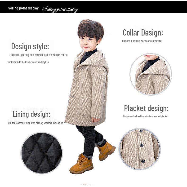 Χειμωνιάτικο μάλλινο παλτό για αγόρια 2023 - Κορεατικό στυλ, μεσαίου μήκους, Μοντέρνα μόδα