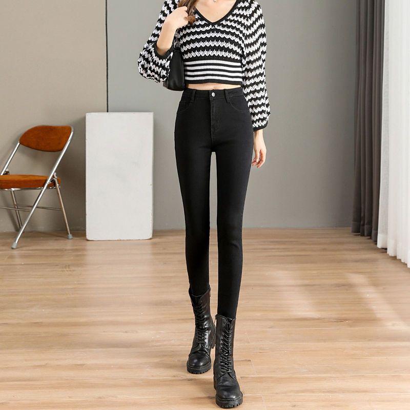 

Узкие джинсы с высокой талией для девушек-студенток, осень 2020 г. — облегающий крой, модный фасон «карандаш» с девятью точками 25