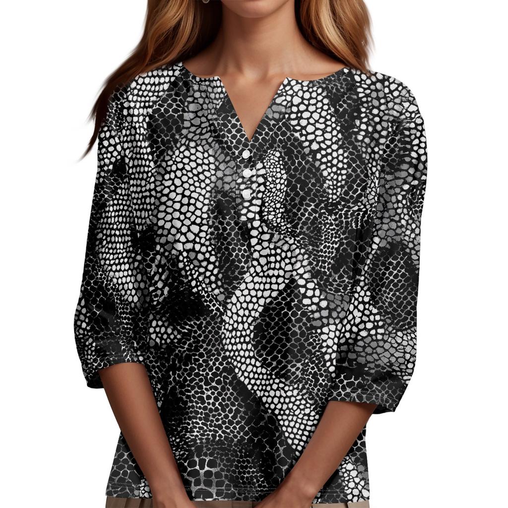 Women's T Shirt Tee Print Button  3/4 SleeveDaily Weekend Fashion Basic V- Neck Regular Top