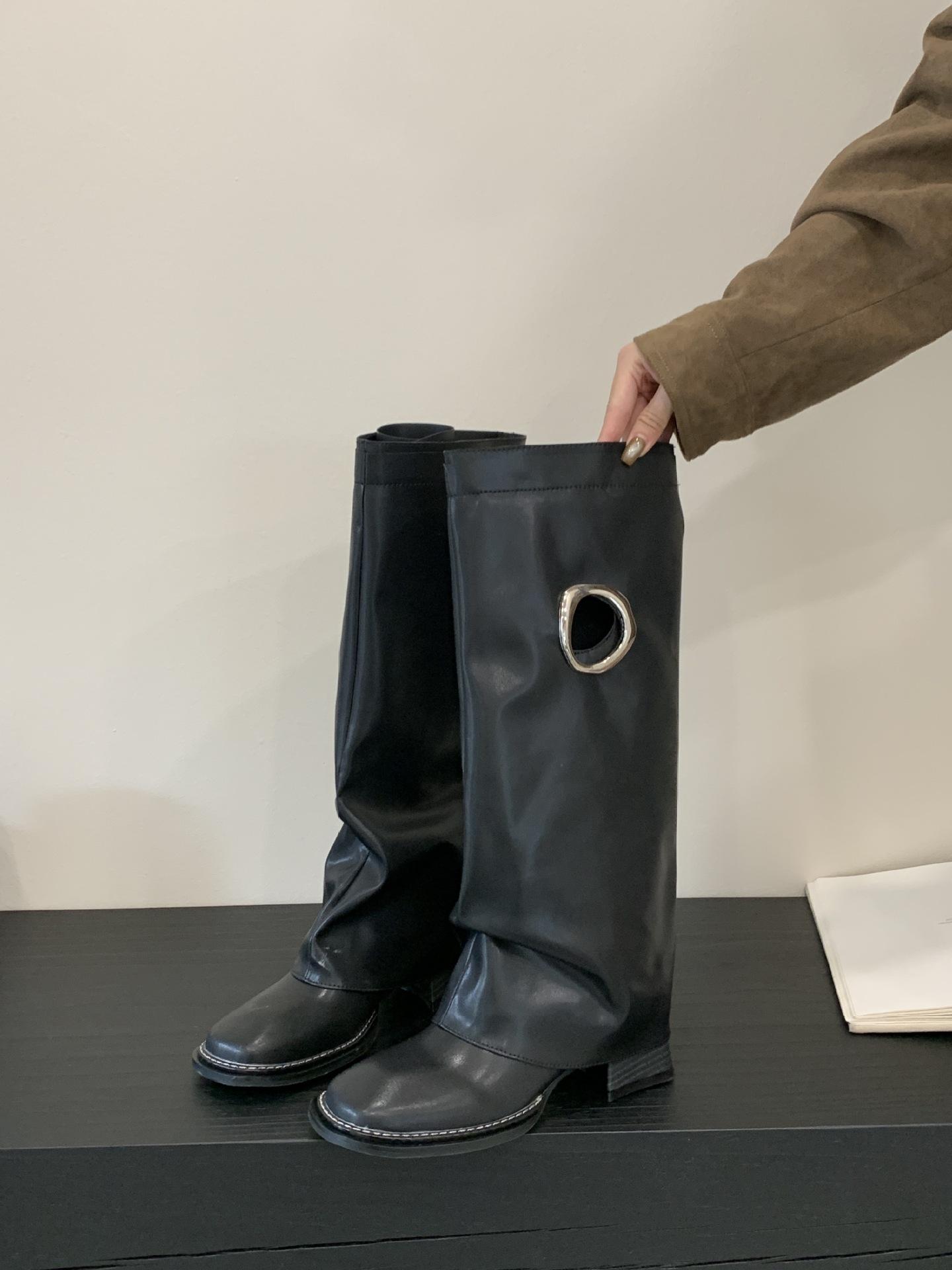 

2025 autumn and winter retro square head western cowboy boots thick heel trouser boots niche design long boots 35