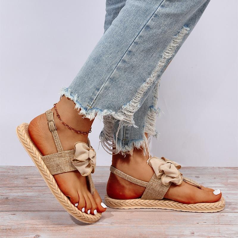 Fashion Summer Women Sandals Travel Beach Sandals Sweet Bow Decoration Designer Shoes Outdoor Leisure Flip Flops Retro Linen Sandalias