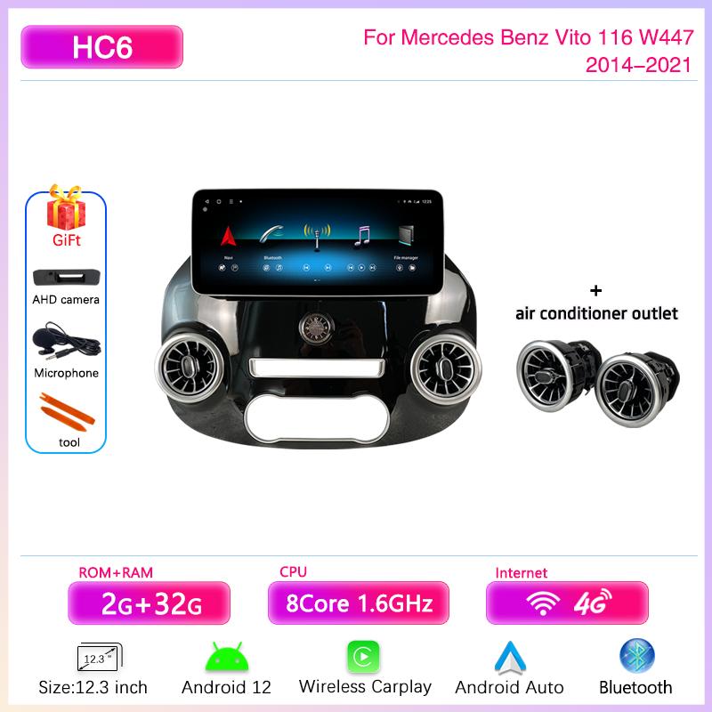12.3" Android 12 Car Multimedia Video Player For Mercedes Benz Vito 116 W447 2014-2025 GPS Navigation8core CarPlay 4G 360Camera