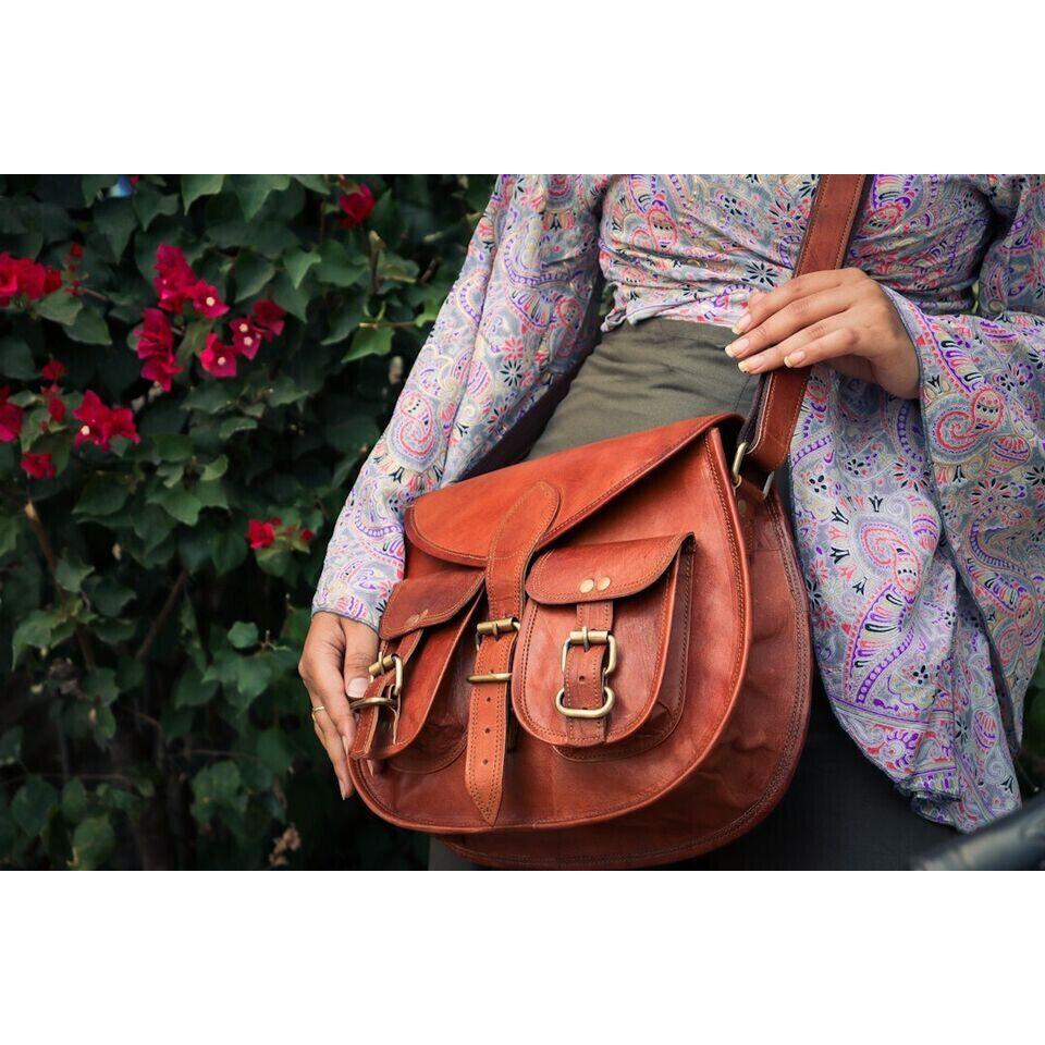 Real Goat Leather Vintage Crossbody Purse Women's Satchel Handmade Shoulder Bag