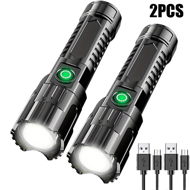 Portable LED Strong Light Flashlight Built-in Battery USB Rechargeable Telescopic Zoom Torch Outdoor Camping Hiking Cycling Lamp
