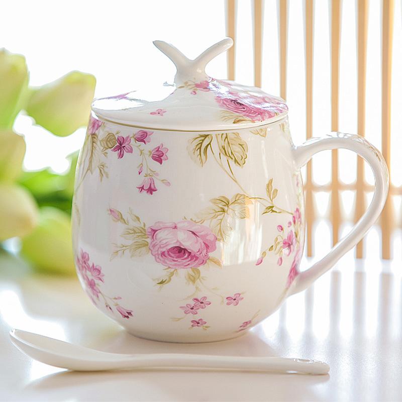 Ceramic Coffee Mug With Lid And Spoon Chic Bone China Coffee Cup Sets 450ml Ceramic Creative Simple Milk Cups Couple Gifts