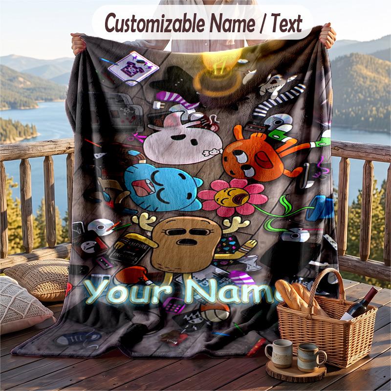 Amazing World of Gumball Flannel Blanket, Personalized Custom Name Text, Soft Warm Plush Throw Blanket For Gift