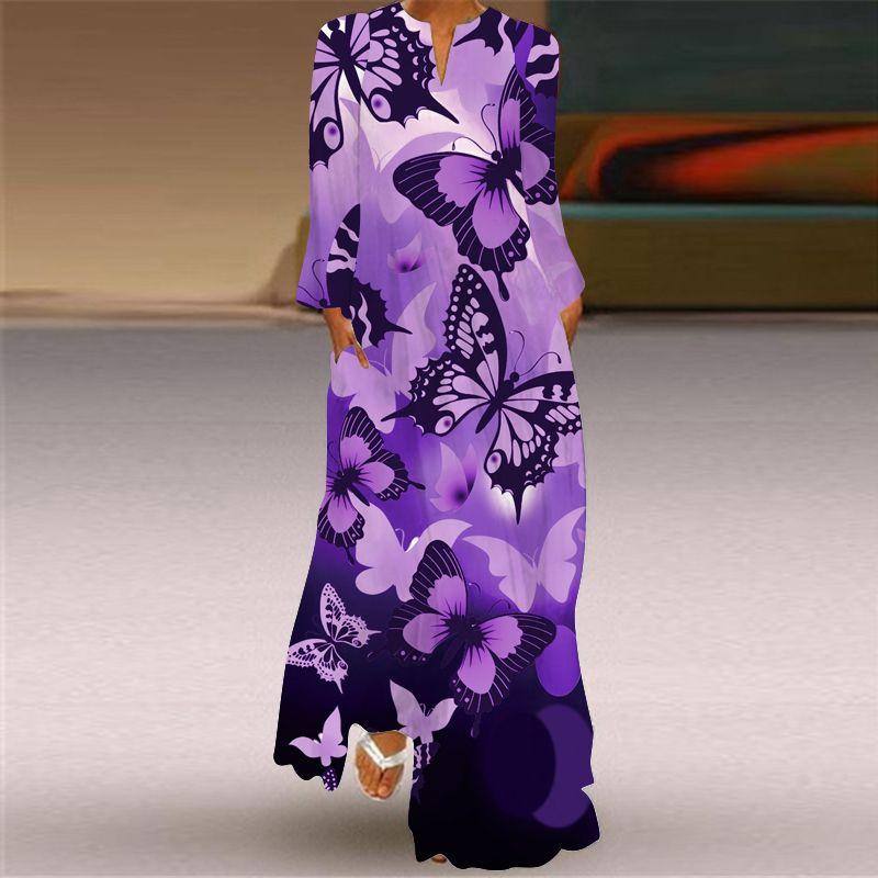Butterfly Pattern Print Long Sleeve Dress Spring/Summer Thin Silm Slim Looking Dress Stage Photo Catwalk Performance Wear