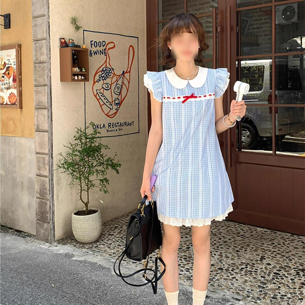 Korean sweet doll collar small flying sleeve blue grid dress women's small summer new loose bow skirt