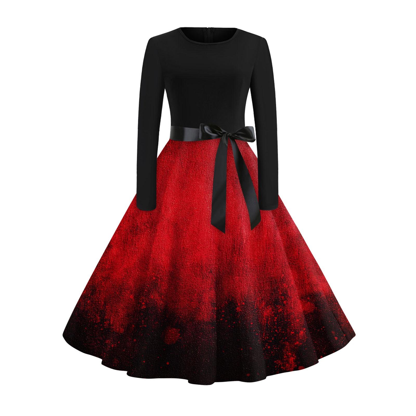 

Женское модное повседневное платье с круглым вырезом, принтом на Хэллоуин и длинными рукавами L винный