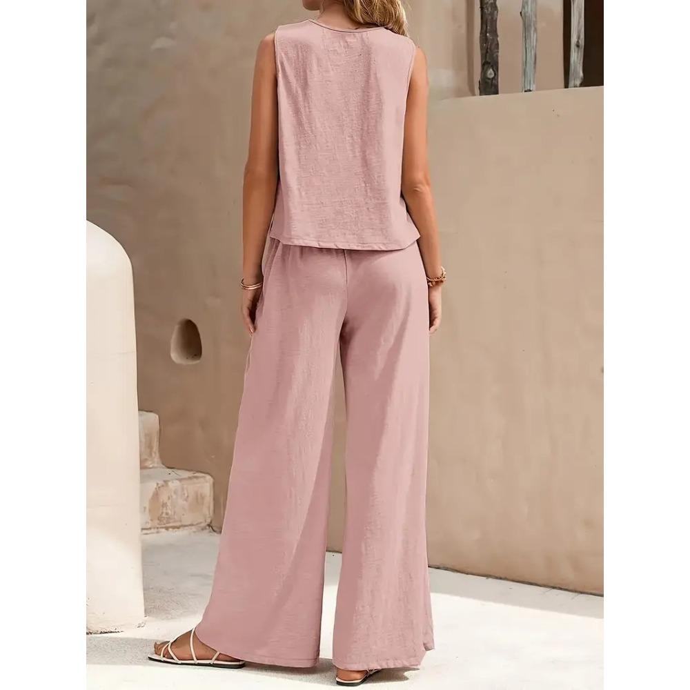 Women Solid 2 Piece Outfit, Round Neck Sleeveless Tank Top + Wide Leg Pants, Casual Matching Set
