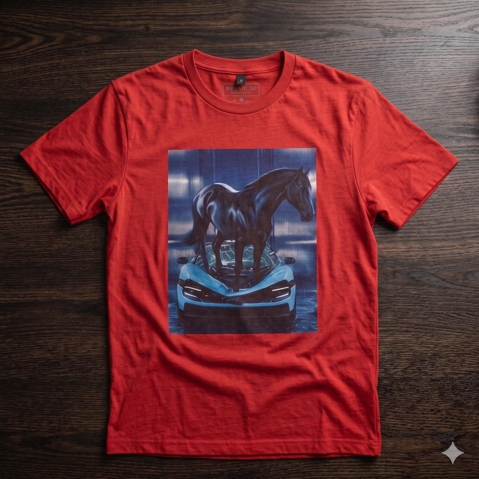 Black Horse Standing on Sports Car T-Shirt | Neon Blue Urban Graphic L
