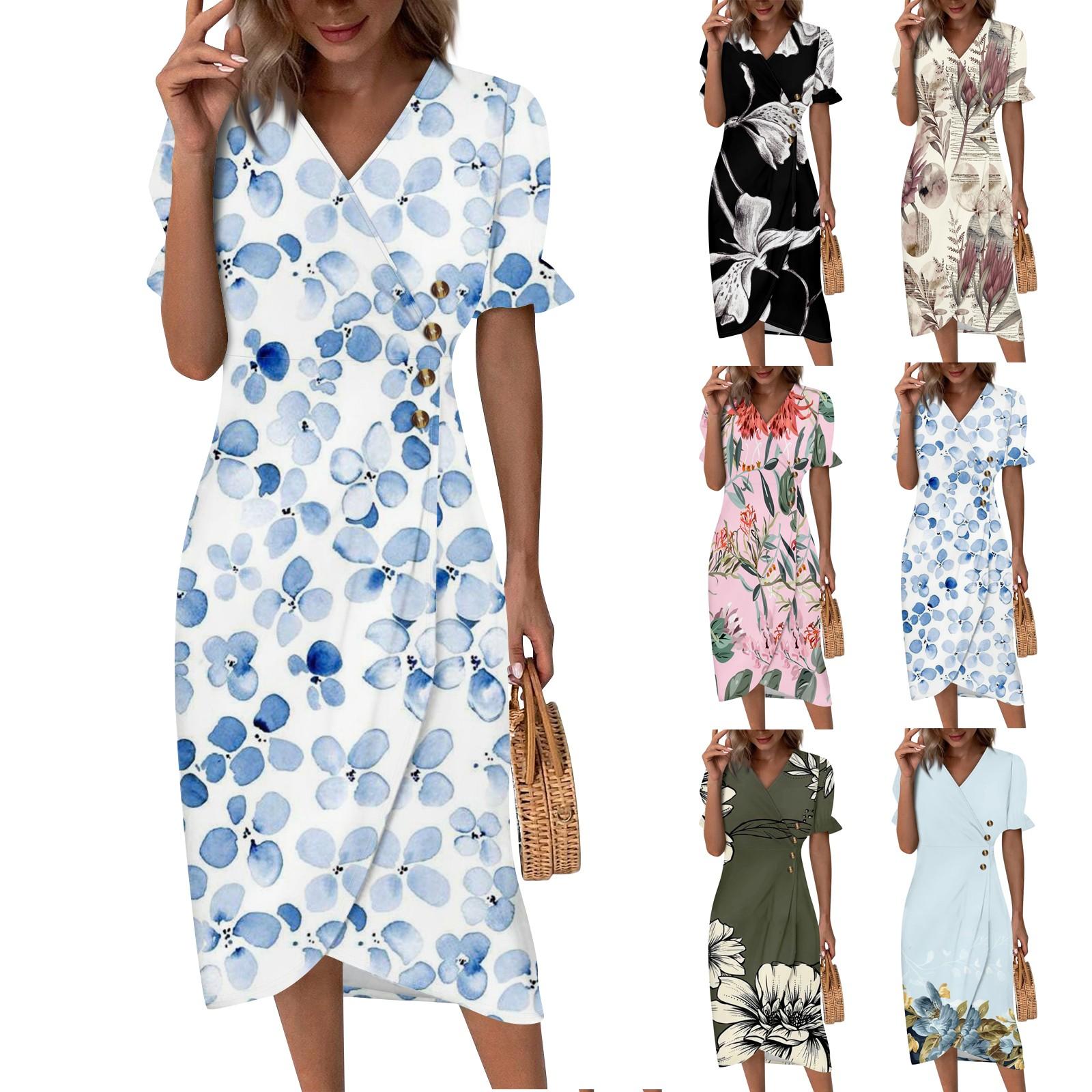 

Женское повседневное и модное платье с v-образным вырезом и короткими рукавами и цветочным принтом, пляжная юбка