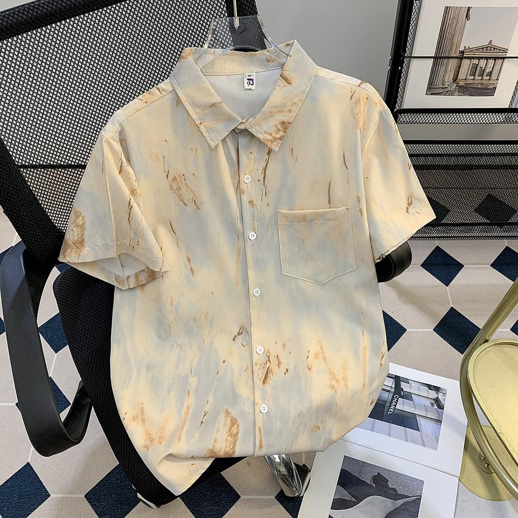 Ink Tie-Dye Cardigan Short Sleeve Shirt for Men, Thin Summer Ice Silk Quick-Dry Half Sleeve Turn-Down Collar Shirt Jacket
