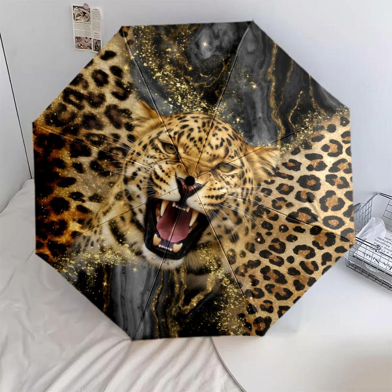 1 PC Automatic Folding Umbrella - Golden Leopard Pattern, Portable & Foldable Design with 8 Ribs, Christmas Birthday Gifts