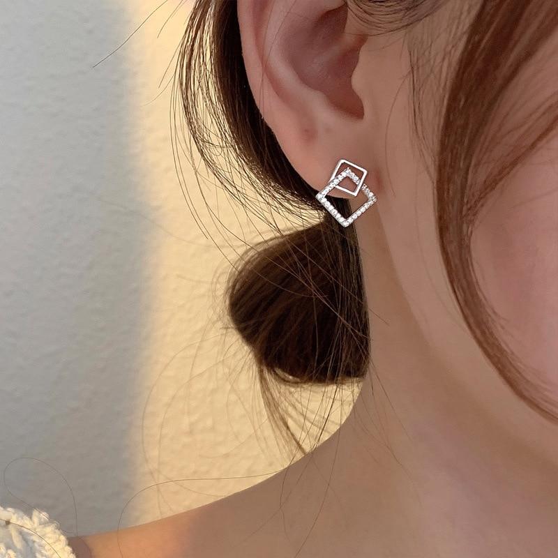 925 Sterling Silver Cubic Zircon Square Bead Charm Stud Earrings For Women Girls Lady Pendientes Jewelley Eh1338