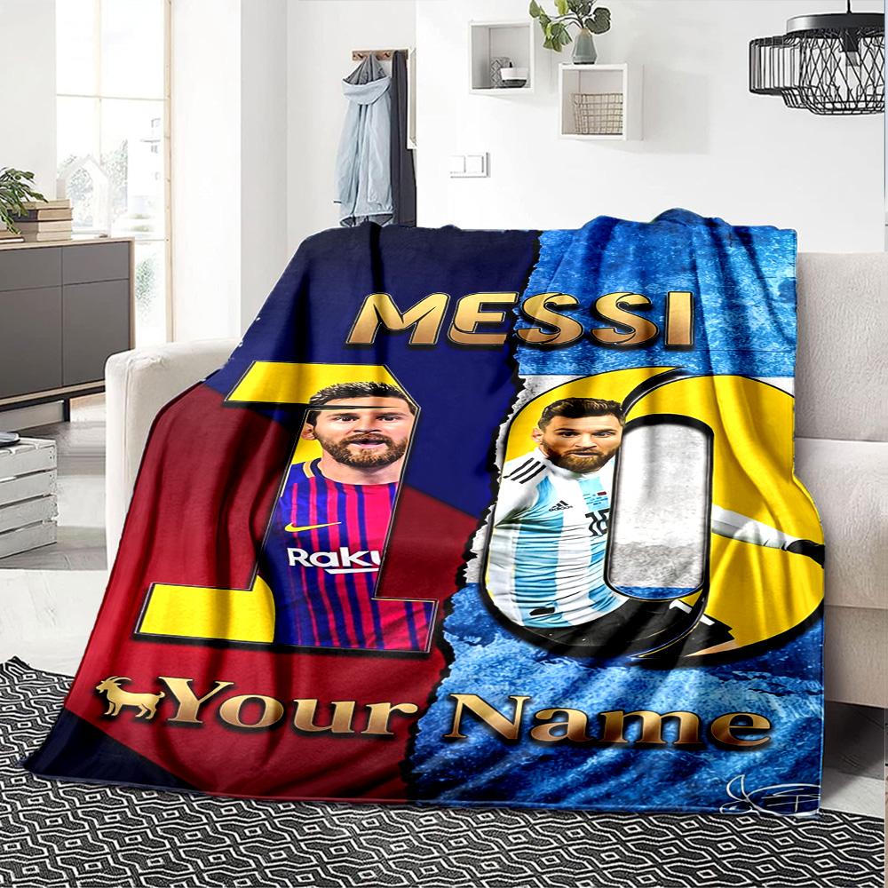 Football Messi Personalized Name Blanket Throw Customizable Blanket Ultra-Soft Perfect for Livingroom Home Decor Office Chair Couch