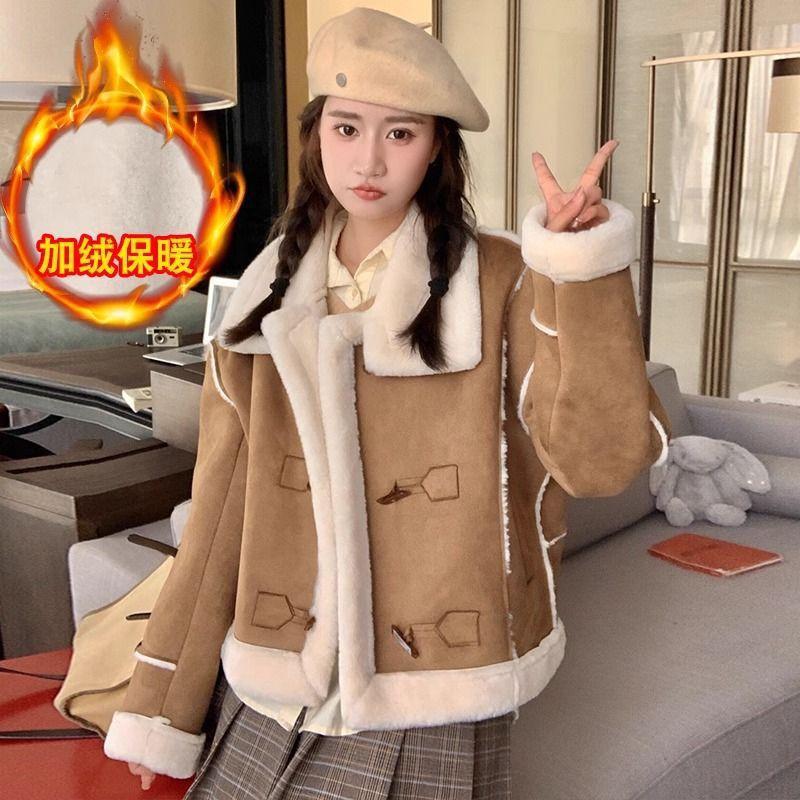 

Короткое локомотивное меховое интегрированное зимнее пальто из искусственного меха ягненка, осенне-зимнее новое утолщенное пальто L recommended weight 121-70kg верблюд