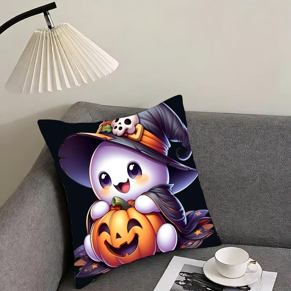 Cute Ghost with Pumpkin Cushion Cover Reversible Plush Pillow Cover – For car, sofa, bedroom, perfect as a gift.