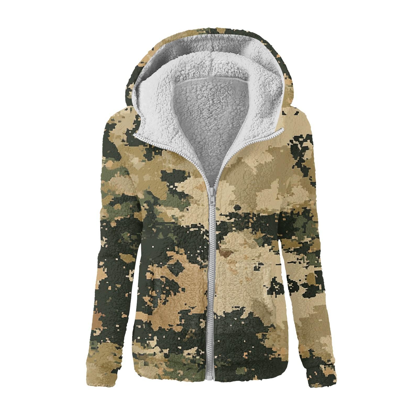 

Жіноча зимова камуфляжна повсякденна модна плюшева куртка на блискавці з капюшоном і принтом XXL верблюд