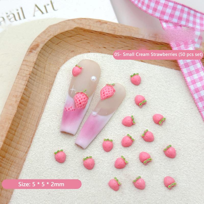 50Pcs Sweet Strawberry Nail Charms 3D Resin Cartoon Fruits Nail Rhinestones Decorations Parts Diy Summer Nail Art Accessories