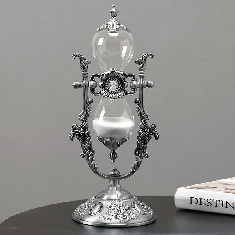 Винтажный металлический песочный таймер Креативный домашний декор Стеклянное украшение Подарок Антикварное ремесло серебряный