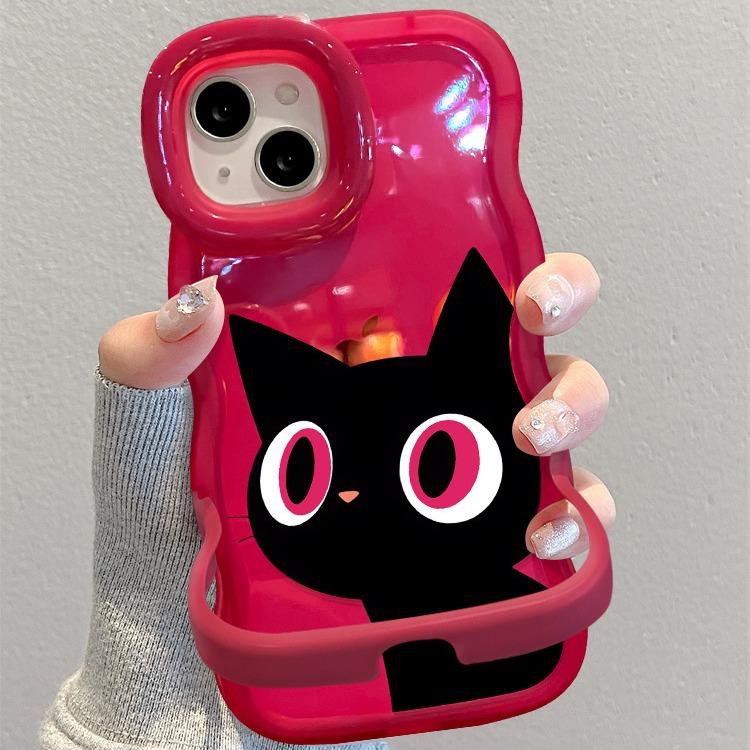 Applicable To Apple 15pm Mobile Phone Case IPhone 13 Big Eyes Black Cat 14 Wavy Edge Invisible Double Bracket 12/11