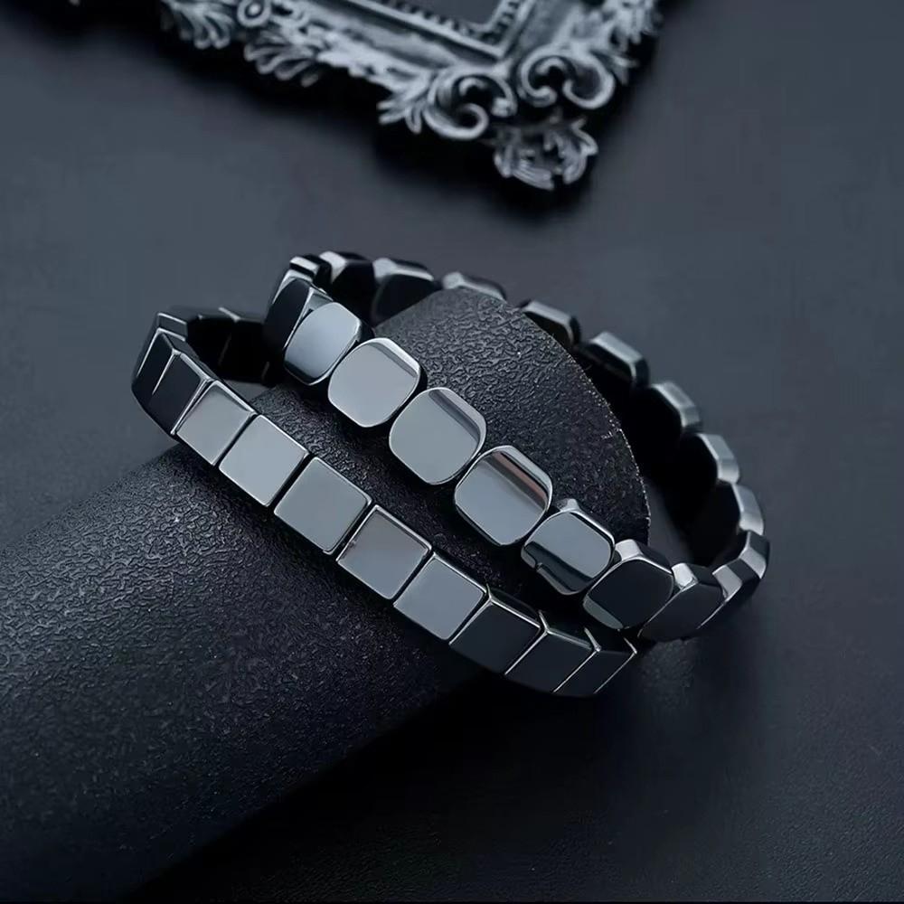 Jewelry Square Bead Wristband Elastic Men Bangle Black Gallstones Bracelet  for Men and Women