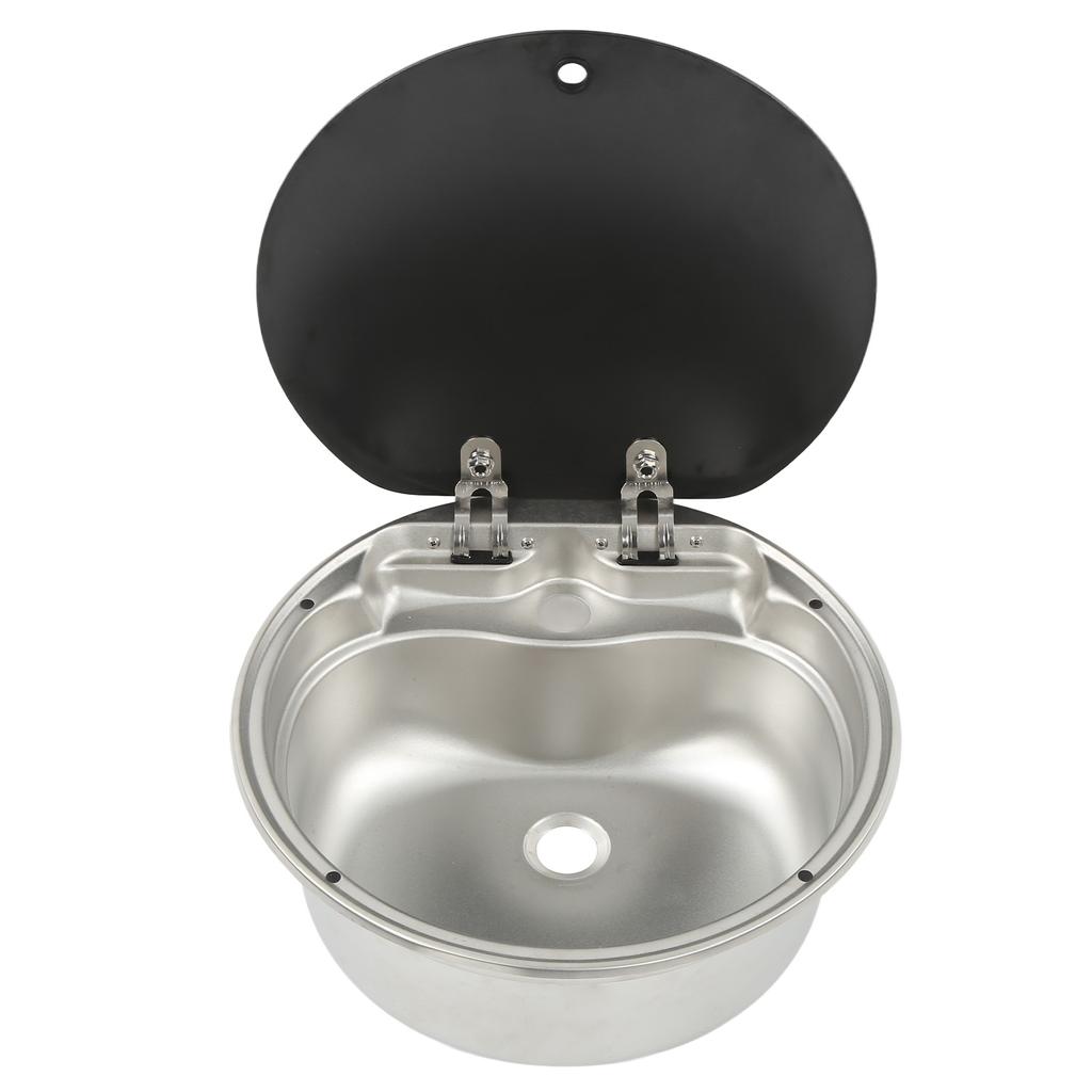 RV Sink Single Bowl Stainless Steel Hand Wash Basin Sink with Tempered Glass Lid for Caravans Camper