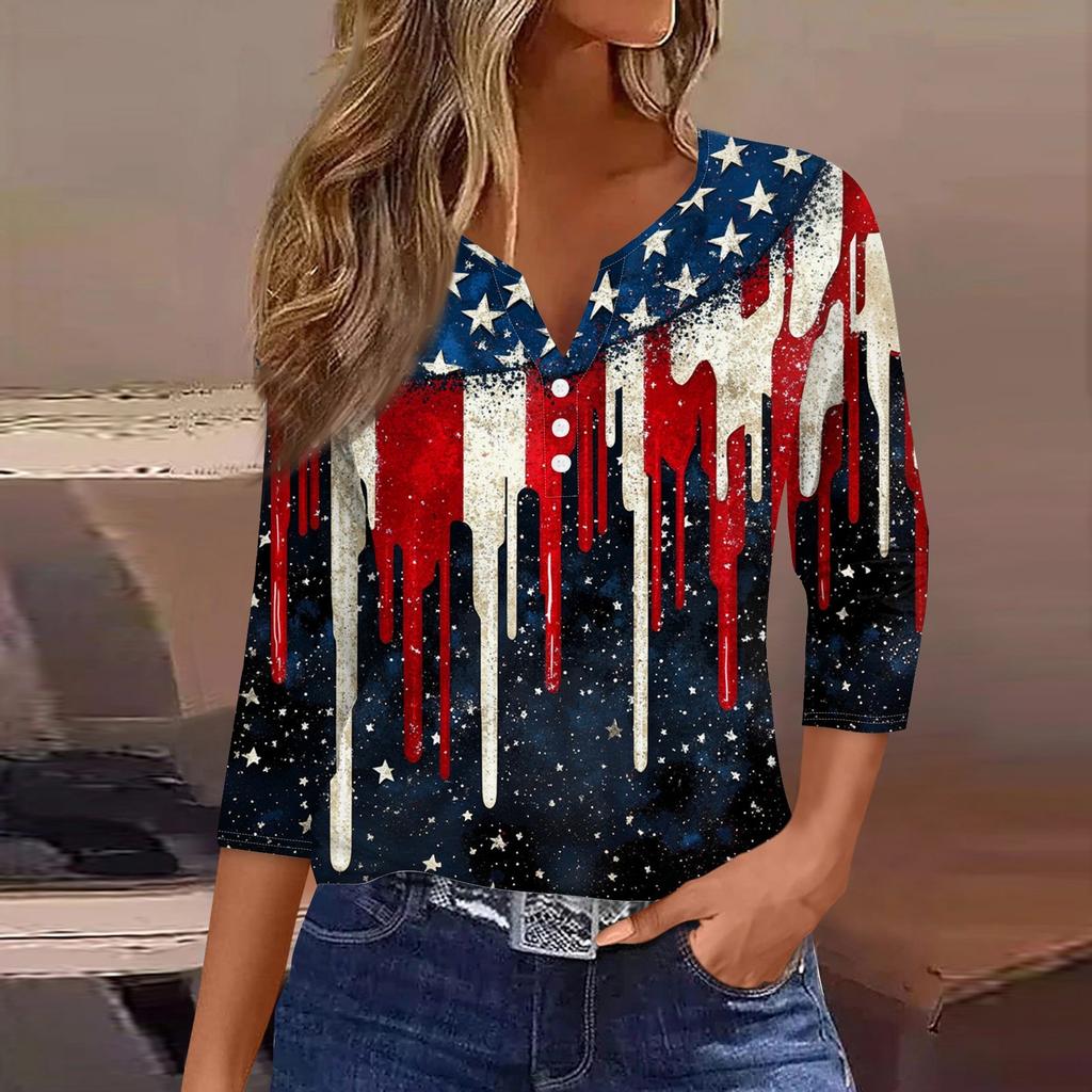 Women's T Shirt Print Button 3/4 Sleeve Daily Weekend Fashion Basic V- Neck Regular Top