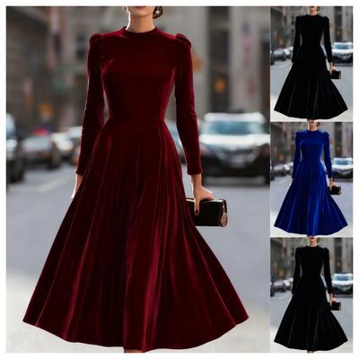 Women's Round Neck Long Sleeve Velvet Maxi Dress Slim Fit Mid Waist Elegant Evening Dress