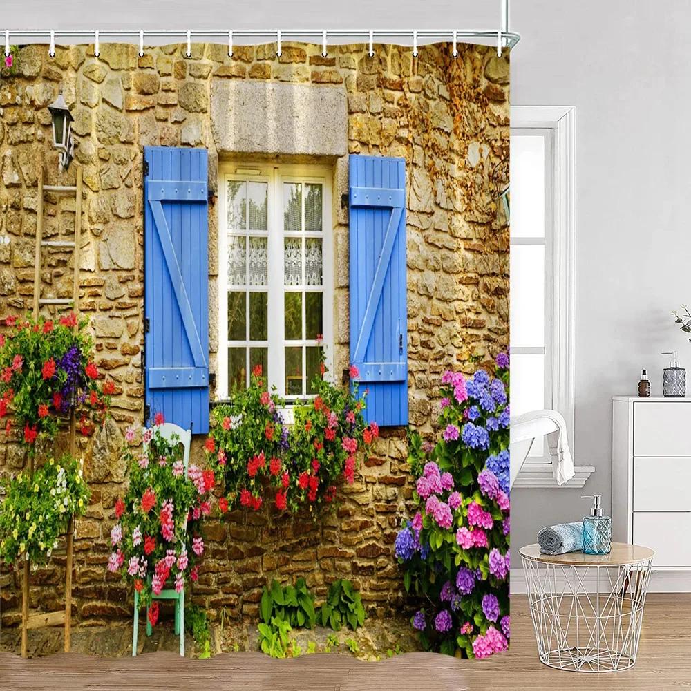 Vintage European Style Street View Shower Curtain Street View Old Stone Wall Plant Bathroom Curtain Bath Decoration