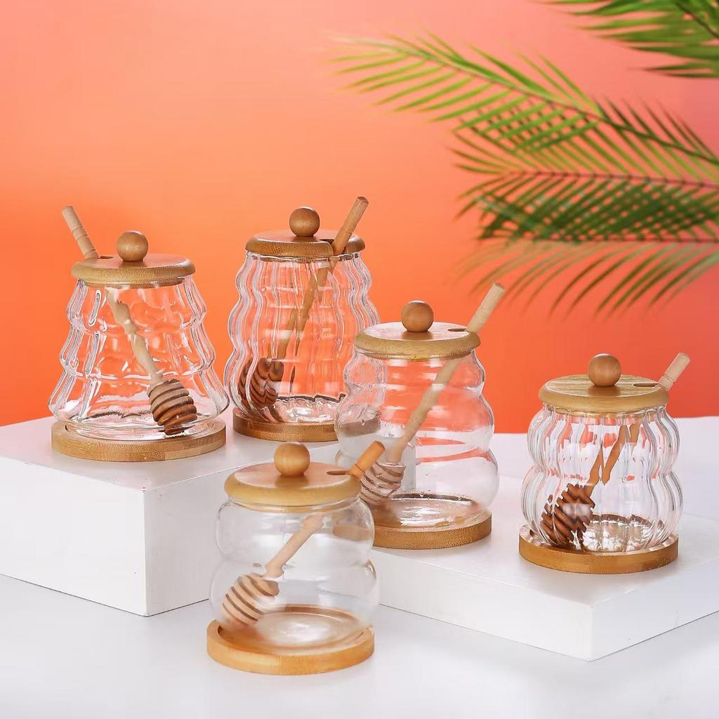 High Borosilicate Glass Honey Jar with Lid and Stirrer - Kitchen Storage Jar