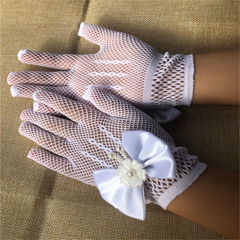 White Princess Wedding Gloves for Girls Mesh Evening Children's Holiday Accessories with a Bow Birthday Performance Gloves