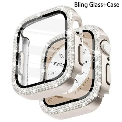 Capa de Vidro Bling + Capa para Apple Watch Case 44 45mm 41mm 40 42mm 44mm Parafusador de Diamante + Protetor de Tela para Series 11 10 9 8 7 5 6 SE
