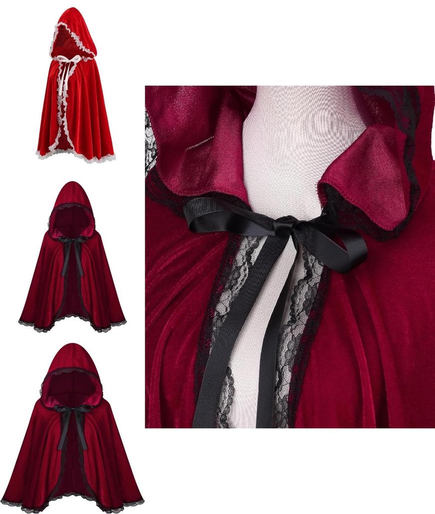 Lussuoso Mantello Corto con Cappuccio e Bordi in Pizzo Rosso Vino per Donna Perfetto per Halloween e Altro