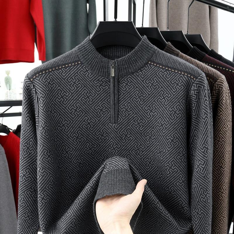 Men'S Autumn And Winter Half Turtleneck Knitted Sweater Half Zipper Middle-Aged And Elderly Bottoming Shirt Loose Light Luxury Casual Line Top