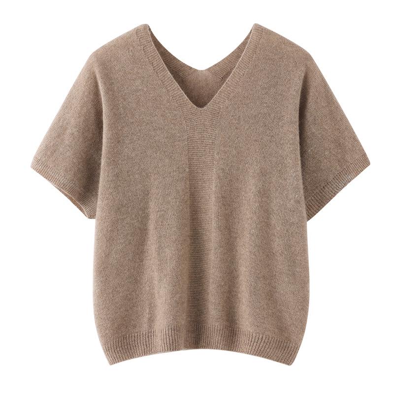Women's V-Neck Loose-Fit Pure Cashmere Knitwear - Short Sleeve, 100% Goat Cashmere Pullover for Spring and Autumn.