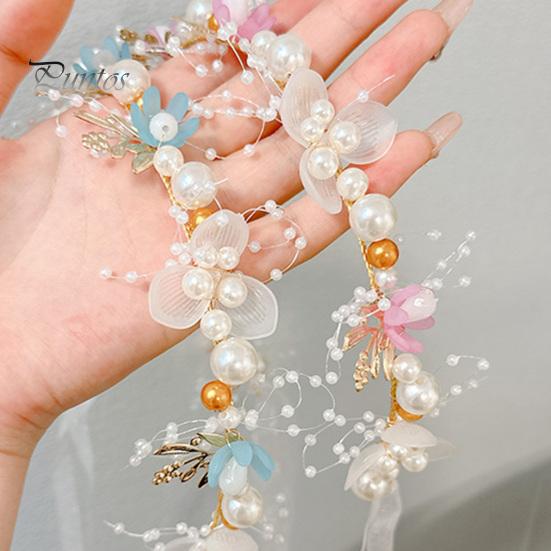 Stirnband für Mädchen, lang, transparentes Band, verstellbar, Kunstperlen-Dekoration, Prinzessinnen-Blumenmuster, Kopfschmuck für Hochzeit, Party, Haar-Accessoires, Geburtstagsgeschenk