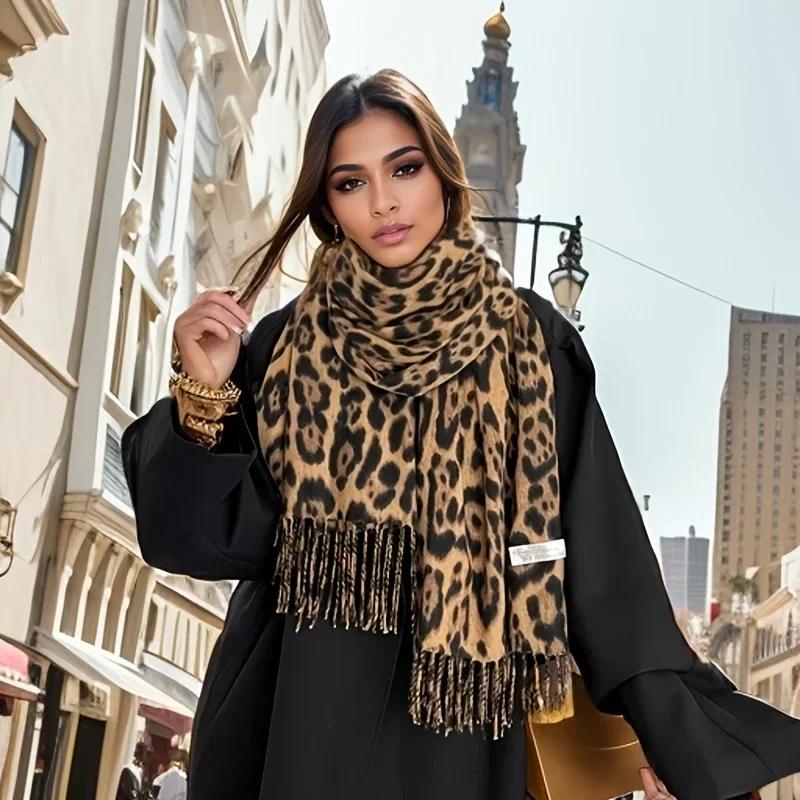 Bohemian Leopard Tassels Winter Scarf for Women Imitation Cashmere Thickened Warm Scarf Windproof Foulard Pashmina Hijabs Ladies