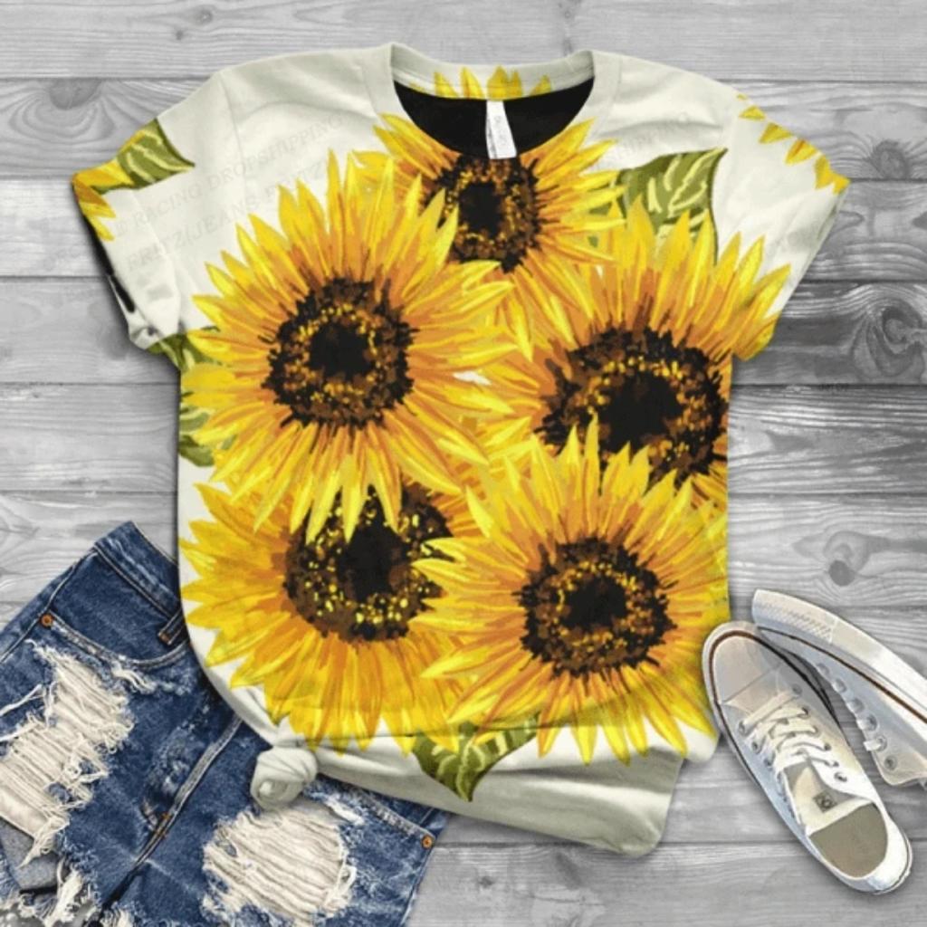 Dam T-shirt Solros 3d Tryck T-shirt Dam Mode Kortärmad Toppar Tees Damtoppar Blommig Camiseta Y2k Kläder Blomma