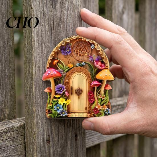 Transparent Acrylic Outdoor Decor Wooden Fairy Garden Decoration, Tree Hollow Cottage Door with High-Definition Waterproof Ornament UV Printing,
