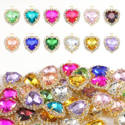 12pcs Jewelry Charms Class Rhinestone Pendants Charms Mixed Colors Flat Back Golden Base Heart Shape for DIY Earrings Bracelet
