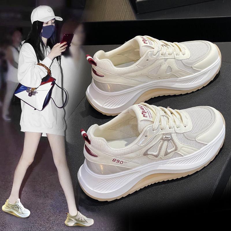 Leather dad shoes women's summer new fried street sports and leisure shoes thick sole heightening single net breathable running shoes