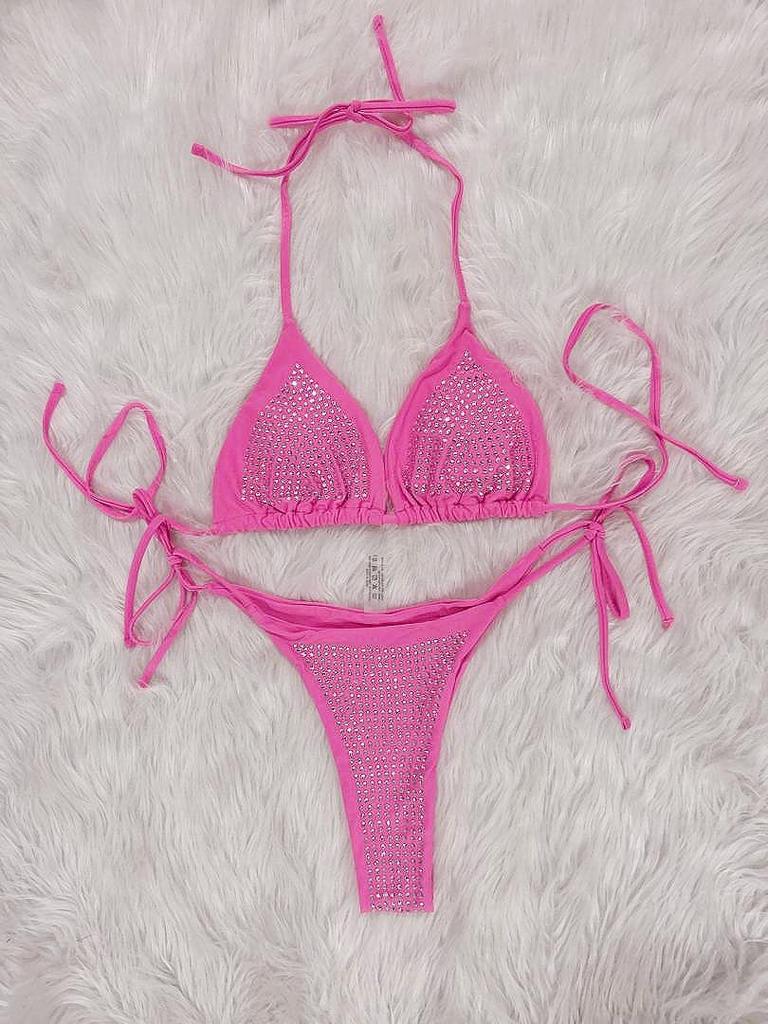 2023 European & American Sexy Rhinestone Strappy Bikini Set - Solid Color Beach Vacation Women's Swimwear