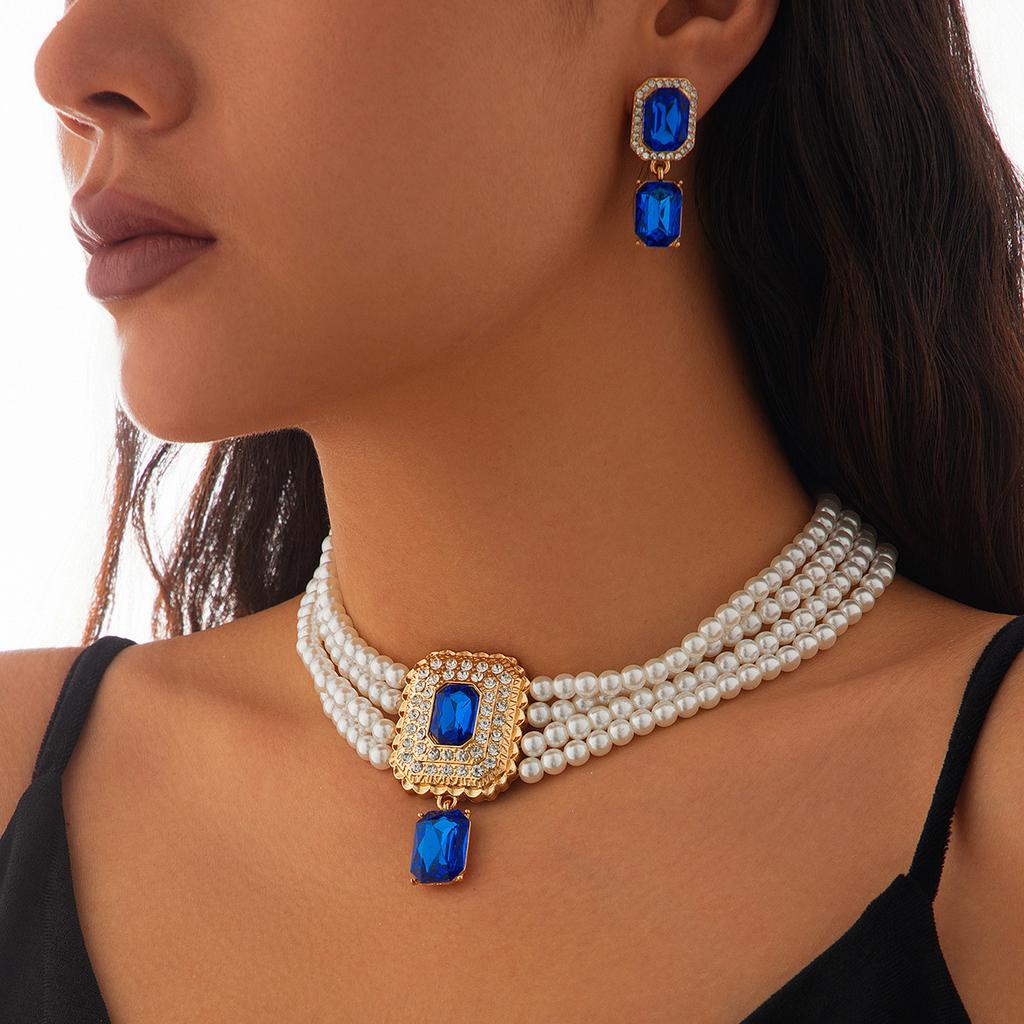 DIEZI ElegantFashion  Imitation Pearl Crystal Rhinestone Choker Necklace Stud Earrings Vintage Jewelry Sets Party Gift Jewelry