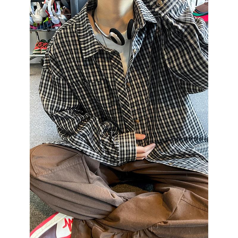 

Рубашка с длинным рукавом в японскую клетку в корейском стиле, мужская красивая куртка, свободная рубашка, кардиган 5XL чёрный