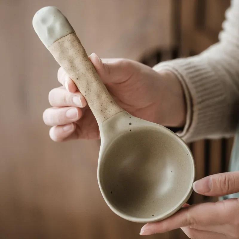 Japanese Creative Handmade Stoneware Large Soup Spoon Simple Household Tableware Ceramic Big Rice Spoons Home Kitchen Supplies