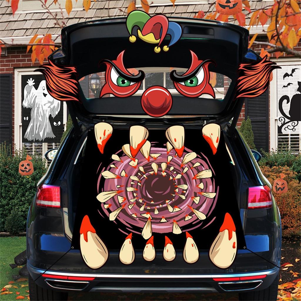 Dekorační sada - Halloweenské dekorace na auto pro SUV, Strašidelná nálepka s obličejem čarodějnice, Dekorace na auto pro venkovní garážový vchod, dveře, zeď, okno, strašidelný dům